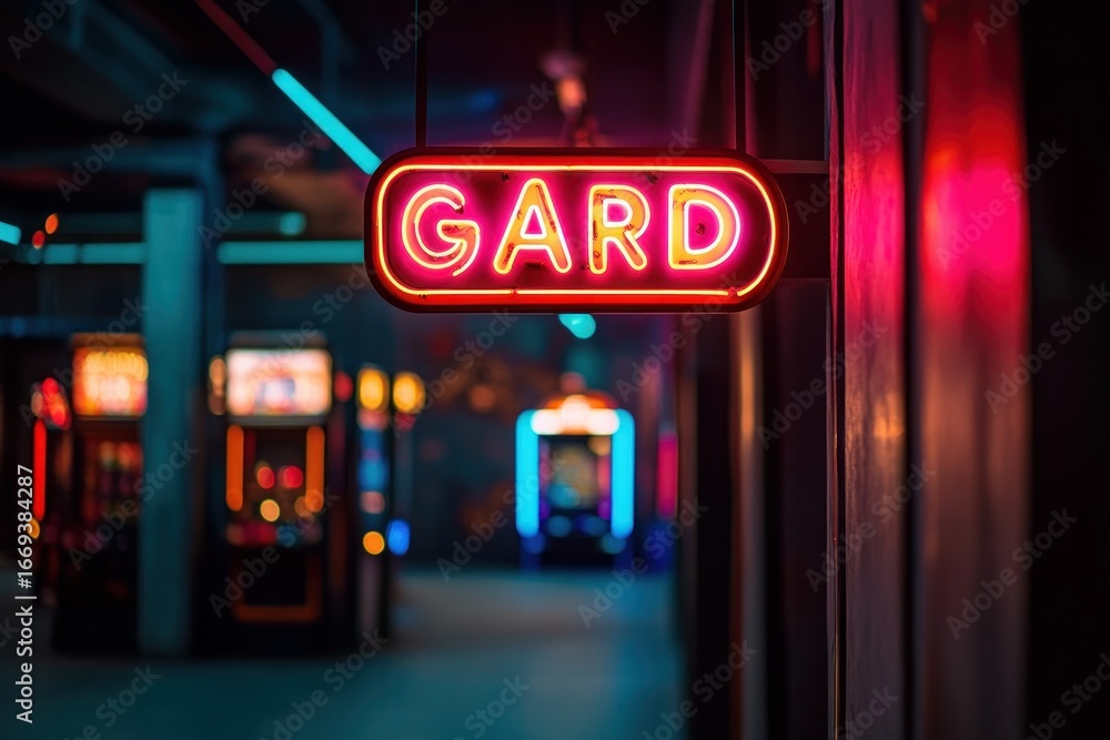 Fototapeta premium A close-up of a neon sign that reads arcade glowing in a dimly lit gaming venue, nostalgic and inviting atmosphere, clean and professional composition, copy space, stock photography 