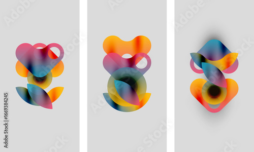 Abstract colorful shapes overlap, creating dynamic compositions. Three panels display similar forms, varying slightly in hue, position.