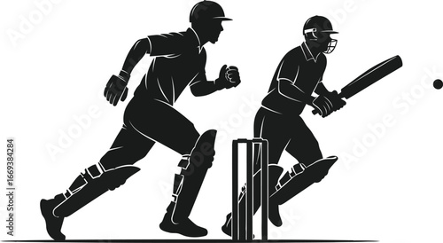 Dynamic cricket players in action chasing ball near wicket silhouette