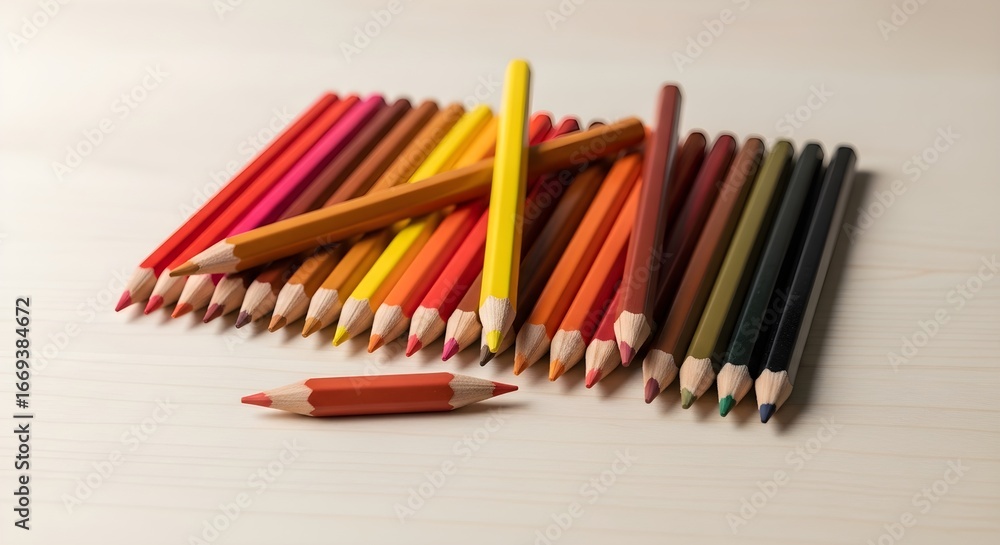 Fototapeta premium Colored Pencils Set ready for class in tutor table clean editorial