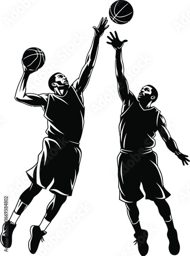 Dynamic basketball players jumping with ball in silhouette vector graphic
