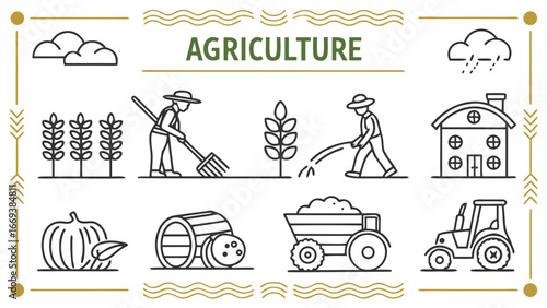 Agriculture icons set with farmer, tractor, field, pumpkin