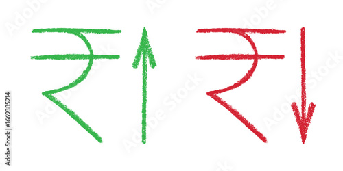 Hand drawn rupee currency symbol Growth and fall profit with arrow up and down Brush stroke doodle Element for design