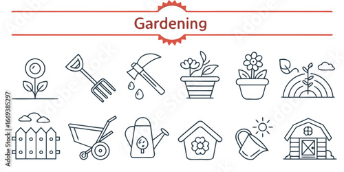 Gardening tools and plants in outline style