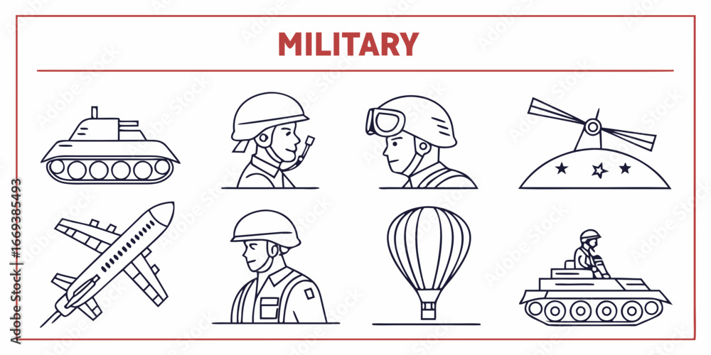 Naklejka premium Military icons set in trendy linear style