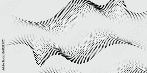 Flowing dots particles wave pattern 3D curve halftone black gradient curve shape isolated on white background. Vector in concept of technology, science, music best seller background