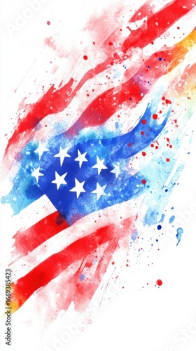 Abstract watercolor american flag with stars and stripes in red, white, and blue. Independence Day