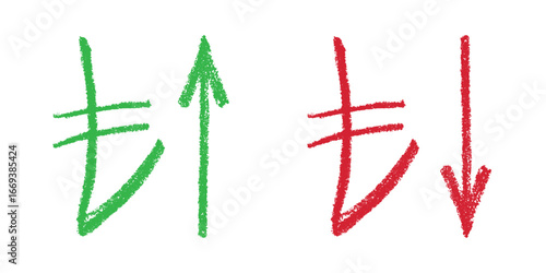 Hand drawn turkish lira currency symbol Growth and fall profit with arrow up and down Brush stroke doodle Element for design