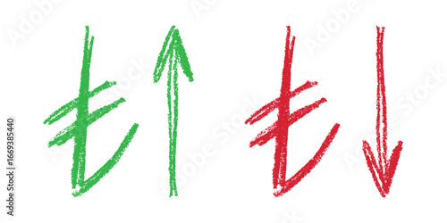 Hand drawn turkish lira currency symbol Growth and fall profit with arrow up and down Brush stroke doodle Element for design