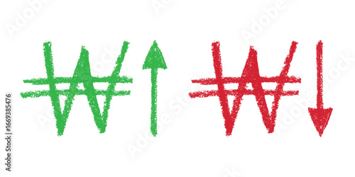 Hand drawn won currency symbol Growth and fall profit with arrow up and down Brush stroke doodle Element for design