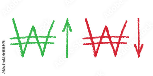Hand drawn won currency symbol Growth and fall profit with arrow up and down Brush stroke doodle Element for design