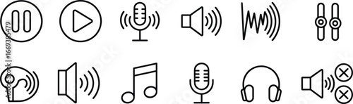 Flat vector illustration, audio icons, music symbols, play button, pause icon, microphone graphic, speaker symbol, sound wave, equalizer sliders, headphones design