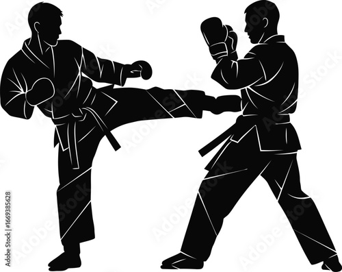 Dynamic martial artists sparring in black silhouettes on white background
