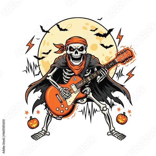 Skeleton rocker playing electric guitar under a full moon, Halloween themed graphic design.