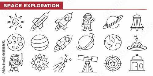 Space exploration icons with rocket, planet, astronaut