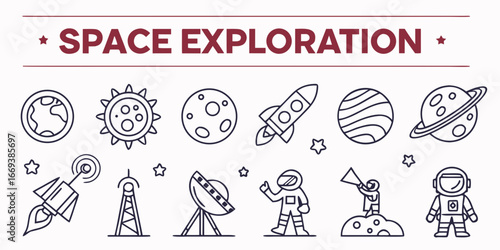 Space exploration icons with rocket, planet, astronaut