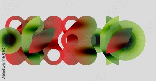 Abstract composition featuring overlapping translucent circles. Red, green hues dominate neutral background. Soft gradients present.