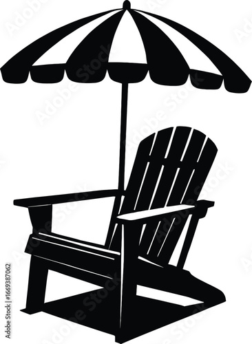 Black Silhouette of an Adirondack Chair Under a Striped Umbrella beach umbrella outdoor furniture