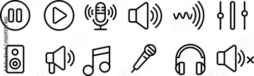 Flat vector illustration, audio icons, music symbols, play button, pause icon, microphone graphic, speaker symbol, sound wave, headphones design, mute symbol