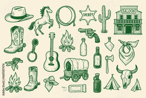 Wild west collection of hand drawn doodle style cowboy icons featuring sheriff star cactus saloon and a horse lasso evoking frontier adventure and vintage exploration