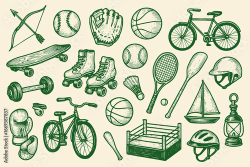 Vintage sketched sporting goods background vector design featuring a diverse collection of athletic equipment for sport and recreation with artistic engraving sports activity