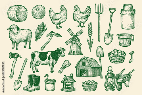Engraved farm elements vector seamless pattern showcasing rural life with animals, tools and agricultural buildings drawn in vintage style on light background for microstock images