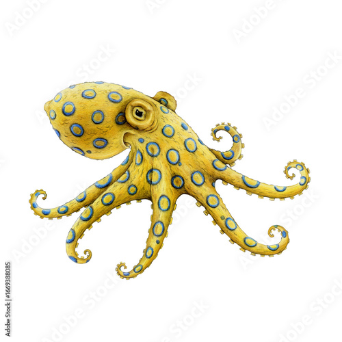 Blue-ringed octopus isolated on white background. Hand drawn vintage style watercolor illustration. Hapalochlaena extremely venomous dangerous marine life animal. Small yellow octopus with blue rings