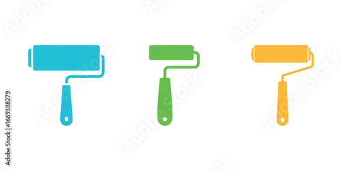 Three colorful paint rollers isolated on a white background painting tool set