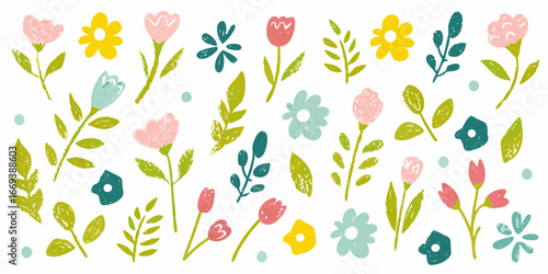 Assorted Hand Drawn Spring Flowers and Leaves in Soft Pastel Colors abstract background