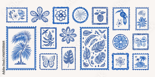 Blue and White Tropical Stamp Collection with Birds Butterflies and Leaves vector