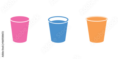 Colorful cups icon set on white background in pink, blue, and orange