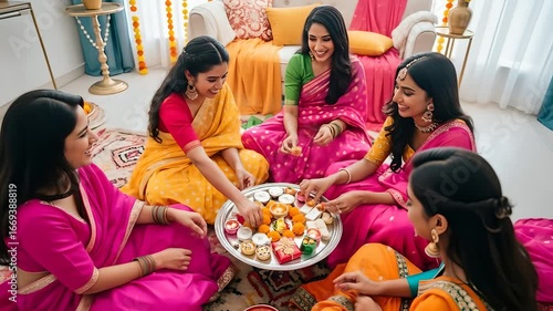 Diwali celebration: women in saris, preparing sweets on a tray. Indian festival, festive mood, sharing, togetherness, tradition, culture, holiday, family gathering, friendship, celebration. 