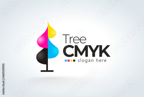 Logo Tree Cmyk Drops. Printing theme. Template design vector. White background