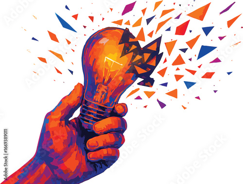 Hand holding exploding light bulb with colorful fragments flying out idea concept