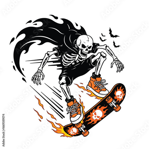 A skeletal figure in a black cape performs a skateboard trick with flames and bats.