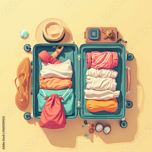 Open suitcase packed with colorful summer clothing and accessories, ready for a beach vacation.