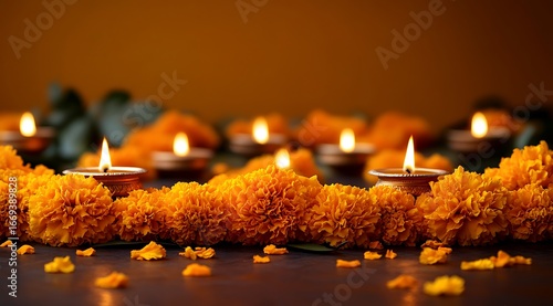 Row of lit diyas and marigold flowers on dark surface with orange background oil lamp