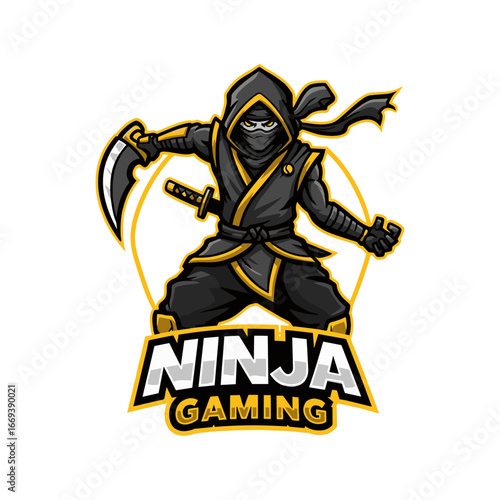Dynamic Ninja Gaming Mascot Logo with Katana and Kama in Black and Gold Style