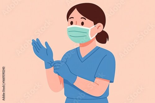 Healthcare professional preparing for procedure with gloves and mask on pastel background