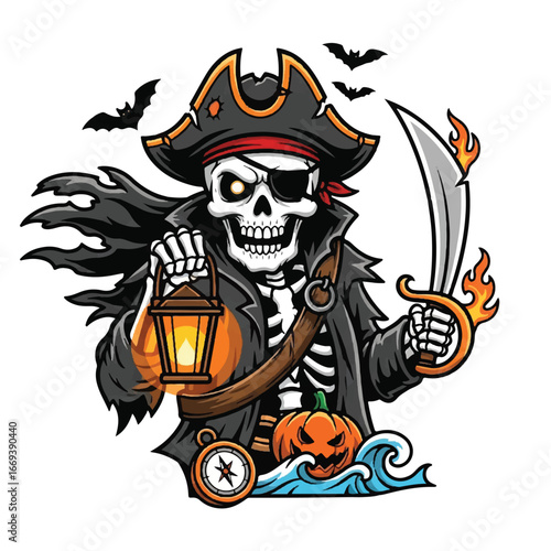 A spooky skeleton pirate with a lantern and sword, surrounded by bats, a pumpkin, and waves, evoking a Halloween theme.
