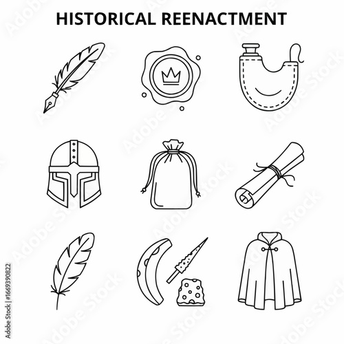 Line Art Icons Representing Elements and Tools of Historical Reenactments
