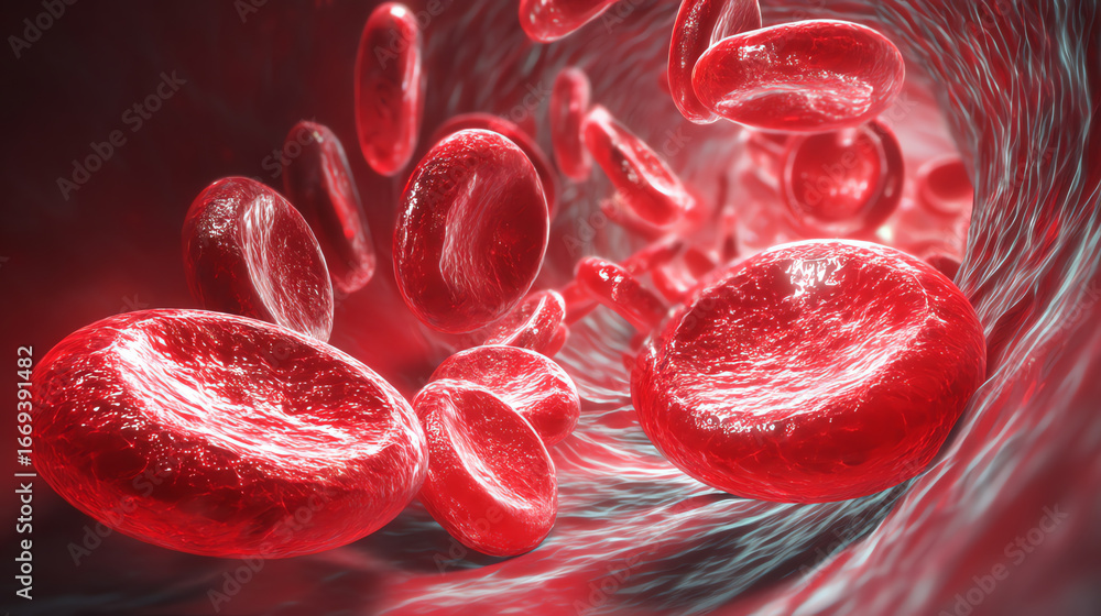 Fototapeta premium Close-up 3D illustration of red blood cells flowing through a blood vessel, highlighting their shape and texture inside the circulatory system