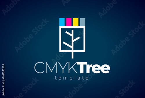 Cmyk Logo. Tree and Leafs Printing theme. Template design vector. Black background