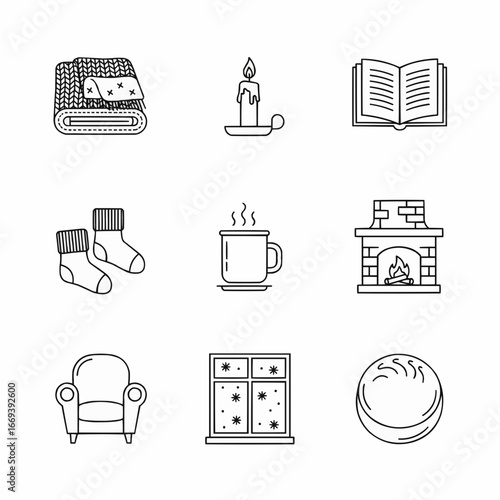 Line Art Icons Depicting Cozy Home Essentials and Comforts