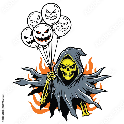 A spooky grim reaper character holding a bunch of balloons with carved pumpkin faces, set against a backdrop of flames.