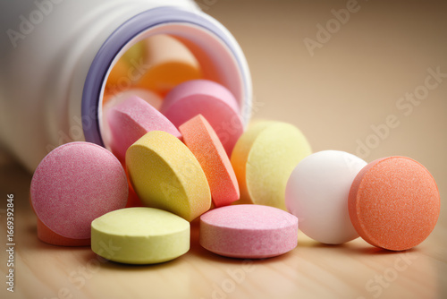 Colorful tablets spilling out of a white medicine bottle onto a wooden surface, showing various round pills in shades of pink, yellow, orange, and white