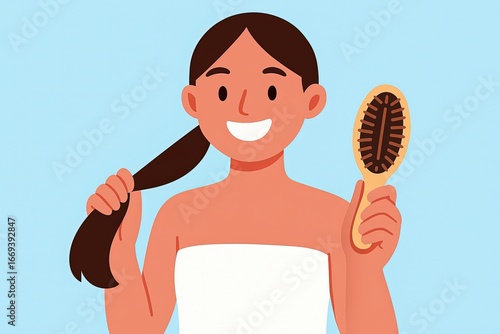 Cheerful Young Woman Brushing Her Long Brown Hair with a Wooden Hairbrush on Light Background