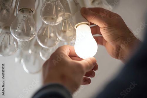 A person’s hands are shown installing or replacing a glowing LED light bulb among several unlit incandescent bulbs on a ceiling fixture