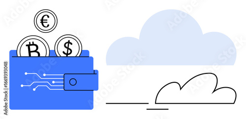 Digital wallet containing Bitcoin, Euro, and Dollar coins with electronic circuits, accompanied by a simple cloud design. Ideal for finance, cryptocurrency, cloud computing, fintech, e-commerce