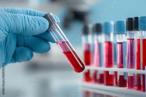 A gloved hand holds a test tube filled with red liquid, with more test tubes in a rack blurred in the background, suggesting laboratory blood testing or analysis
